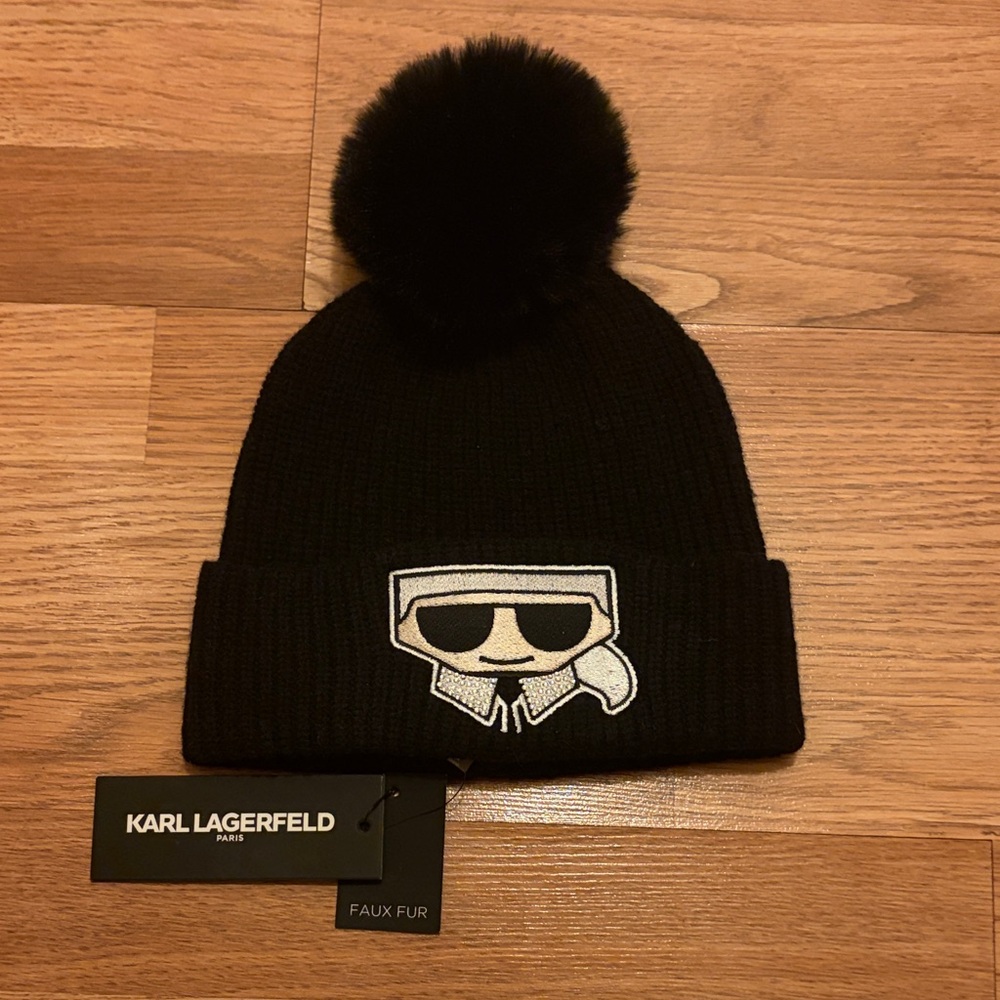 Karl Lagerfeld Black Beanie with Pom Pom